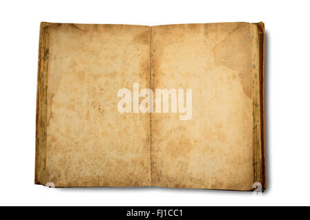 Vintage Buch, offen, isoliert auf weißem Hintergrund. Stockfoto
