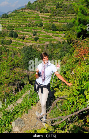 Mädchen probieren Sie den Wein in einer wunderschönen Landschaft auf Sciacchetrà Weinberg, Corniglia, Cinque Terre, Ligurien, Italien, Europa Stockfoto