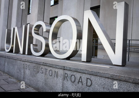 Melden Sie außen unisono-Hauptquartier auf Euston Road, London, UK Stockfoto