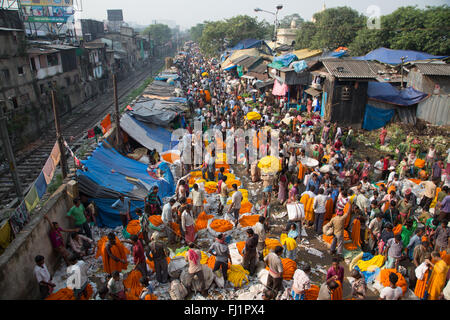 Masse und Leute an den Kolkata Mullick ghat Blumenmarkt, Indien Stockfoto