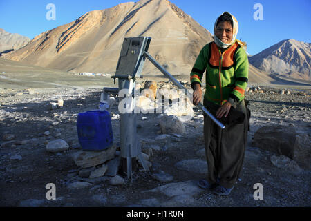 Eine junge ladakhi Mädchen nimmt Wasser in einem gut in den frühen Morgen in der Nähe Pangong Tso See, Ladakh, Indien Stockfoto