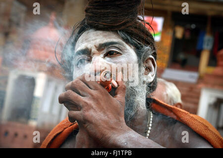 Sadhu heiliger Mann rauchen Chillum in Varanasi, Indien Stockfoto