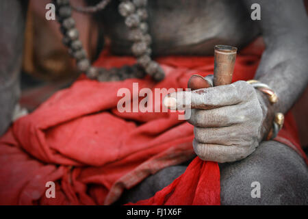 Sadhu - Hand des heiligen Mann rauchen Chillum in Tonpfeife mit Asche bedeckt Stockfoto