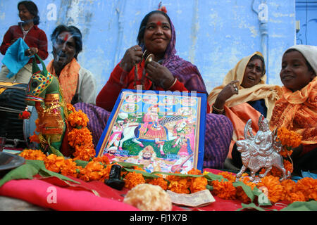 Zigeuner Musik Spieler während der Pushkar Mela camel Fair, Rajasthan, Indien Stockfoto