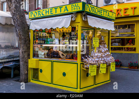 Porchetta di Ariccia-Shop in Frascati, Porchetta (eine Art der traditionellen italienischen Küche) seit 1935 zu verkaufen Stockfoto