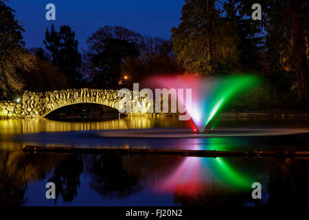 Farbige Lichter am Brunnen in Goodacre See Beacon Hill Park-Victoria, British Columbia, Kanada. Stockfoto