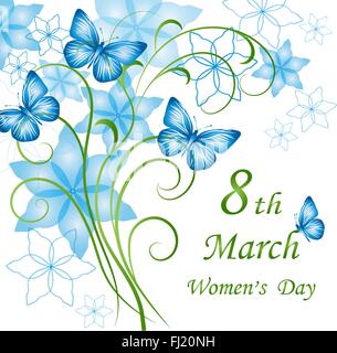 8. März-Schriftzug-Grußkarte. Wunderschöne blaue Blumen mit Schmetterlingen auf weißem Hintergrund. Stock Vektor