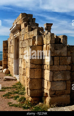 Antike griechische Basilika und Marmorsäulen. Chersonesus Taurica in der Nähe von Sewastopol auf der Krim Stockfoto