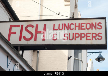 Fisch und Chips-Shop anmelden, Whitstable, Kent, England, UK Stockfoto