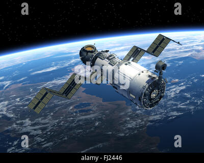 Raumstation ISS setzt Sonnenkollektoren. 3D Szene. Stockfoto