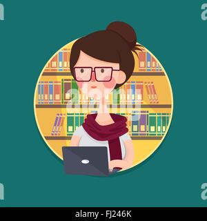 Vektor-Illustration ein College Girl Student Studium in Bibliothek, Zeichentrickfigur Stock Vektor