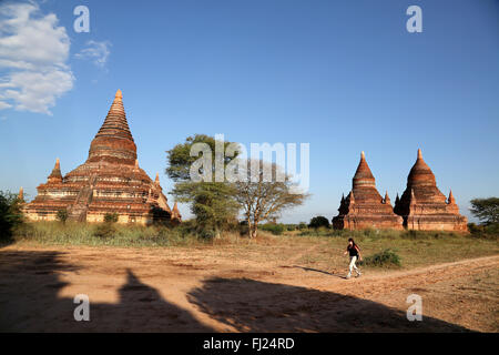 Touristische Wanderungen entlang der Tempel und Pagoden in Bagan, Myanmar Stockfoto