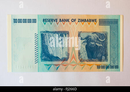 100 Billionen Dollar Banknote im Jahr 2008, auf dem Höhepunkt der Hyperinflation in Simbabwe ausgestellt. Weißen Hintergrund. Stockfoto