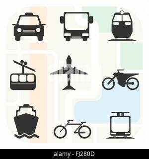 Transport-große Icon-Set. Verschiedene Arten von Fahrzeugen. Auto. Bus. Zug. Kabel Weg. Flugzeug. Motorrad. Yacht. Fahrrad. Stock Vektor