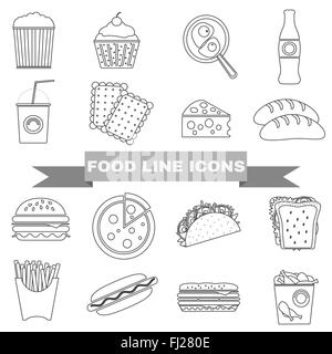 Große schwarze & White Line Fastfood und Snacks Vektor Icon-Set. Cheeseburger, Pommes frites, Hamburger, Soda trinken, Popcorn, Hot-Dog Stock Vektor