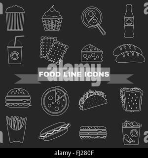 Große schwarze & White Line Fastfood und Snacks Vektor Icon-Set. Cheeseburger, Pommes frites, Hamburger, Soda trinken, Popcorn, Hot-Dog Stock Vektor