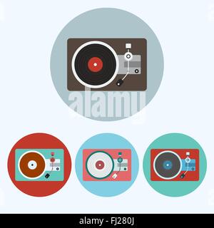 Plattenspieler-Icon-Set. Bunte Lp-Spieler Runde Symbole isoliert auf weiss. Digitalen Hintergrund-Vektor-Illustration. Stock Vektor