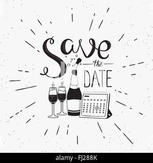 Speichern Sie das Datum Gestaltungselement mit Kalender und Champagner Stock Vektor