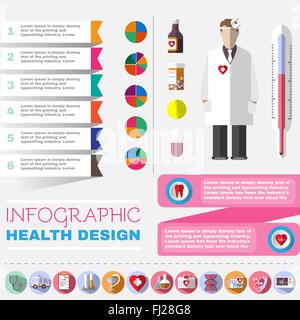 Bunte Gesundheitswesen Infografik-Vorlage. Medizinische Vector Icons Set. HNO-Arzt. Arzt im weißen Kittel. Stock Vektor