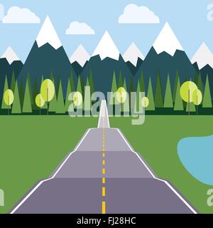 Weg nach Bergen. Wilde Naturlandschaft: Berge mit Eis Gipfeln, Tannen, See und grüne Wiese. Digitalen Hintergrund Vektor. Stock Vektor