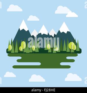 Berglandschaft. Wilde Natur: Berge mit Eis Gipfeln, Tannen, See und bewölktem Himmel tagsüber. Digitalen Hintergrund. Stock Vektor