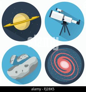 Astronomie Icons Set. Planeten und Galaxien und Meteore. Teleskop für die Anzeige von Galaxien, Sternhaufen, Nebel. Stock Vektor