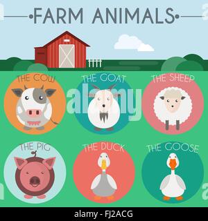 Bauernhof-Tiere-Icon-Set. Blick auf die Landschaft Landschaft. Scheune im Feld. Bunte Runde Icons. Flache Cartoon-Stil digitale Vektor-il Stock Vektor