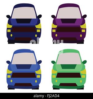 Vier Fahrzeuge Vorderansicht. Auto Icons Set. Flache digitale Vektorgrafik. Stock Vektor