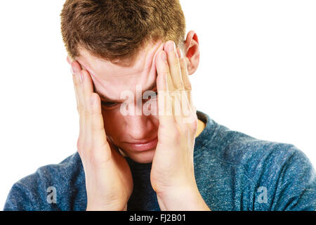 Negative menschliche Emotionen, Mimik, Reaktion Haltung. Closeup betonte Mann hielt Kopf mit Händen isoliert Stockfoto