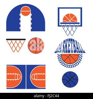 Basketball-Objekte. Basketball Ball im Lorbeerkranz Art Logo. Es spielen Basketball Court Design. Sport Symbole. Blau und Orange Sp Stock Vektor