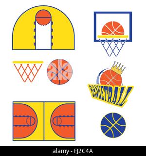 Basketball-Objekte. Basketball Ball mit Krone Typ Logo. Es spielen Basketball Court Design. Sport Symbole. Orange, gelb und blau Stock Vektor