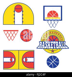 Basketball-Objekte. Basketball Ball in Sterne Kranz Art Logo. Es spielen Basketball Court Design. Sport Symbole. Rot, gelb und Blu Stock Vektor