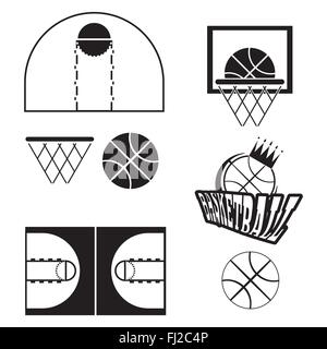 Basketball-Objekte. Basketball Ball mit Krone Typ Logo. Es spielen Basketball Court Design. Sport Symbole. Schwarz / weiß Sport O Stock Vektor