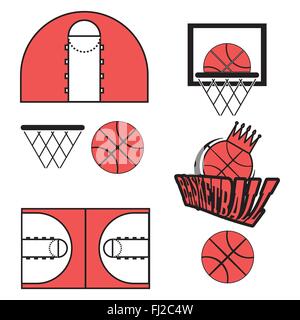 Basketball-Objekte. Basketball Ball mit Krone Typ Logo. Es spielen Basketball Court Design. Sport Symbole. Rot, schwarz und weiß Spo Stock Vektor