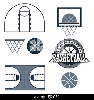 Basketball-Objekte. Basketball Ball in Sterne Kranz Art Logo. Es spielen Basketball Court Design. Sport Symbole. Schwarz / weiß Spo Stock Vektor