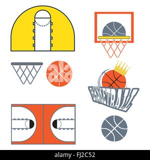 Basketball-Objekte. Basketball Ball mit Krone Typ Logo. Es spielen Basketball Court Design. Sport Symbole. Orange, schwarz und gelb Stock Vektor