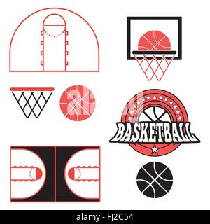 Basketball-Objekte. Basketball Ball in Sterne Kranz Art Logo. Es spielen Basketball Court Design. Sport Symbole. Rot, schwarz und Whit Stock Vektor