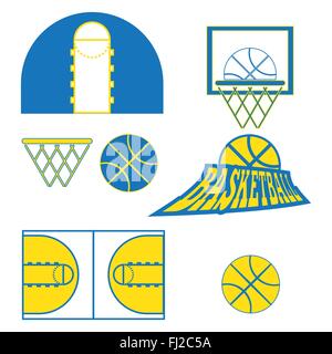 Basketball-Objekte. Basketball Ball Typ Logo. Es spielen Basketball Court Design. Sport Symbole. Gelb und blau Sport Objekte. Graben Stock Vektor