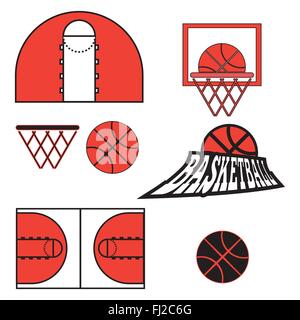 Basketball-Objekte. Basketball Ball Typ Logo. Es spielen Basketball Court Design. Sport Symbole. Rot und schwarz Sport Objekte. Ziffer Stock Vektor