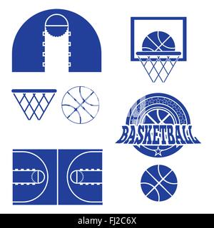 Basketball-Objekte. Basketball Ball in Sterne Kranz Art Logo. Es spielen Basketball Court Design. Sport Symbole. Blaue und weiße Spor Stock Vektor