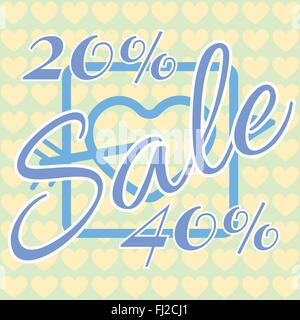 Happy Valentinstag Verkauf Banner. Großes blaues Herz mit Pfeil-Silhouette und Werbetext auf gelben Herzen Muster Kulisse. Stock Vektor