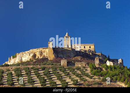 Olivenbäume wachsen auf einem Hügel unterhalb einer Kirche in einer kleinen Stadt in Zentral-Spanien in der Nähe von GRANADA Stockfoto