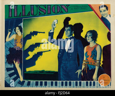 Dies ist eine bunte Szene Karte zum 1929 Paramount Film, "Illusion" Charles "Buddy" Rogers, Nancy Carroll und Kay Francis starrte. Stockfoto