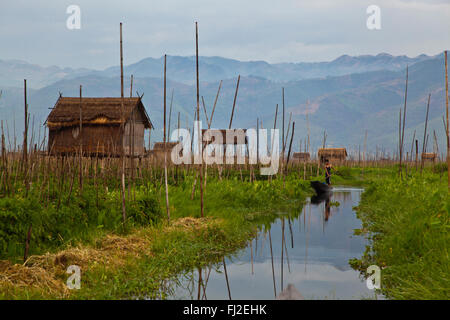 Handgemachte hölzerne Boote sind die wichtigste Form des Transports am INLE-See - MYANMAR Stockfoto