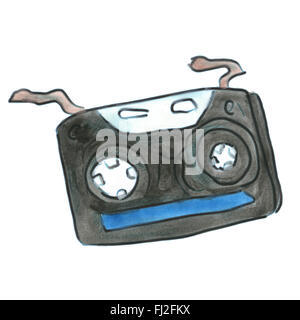 schwarzen Audiokassette isoliert Cartoon Aquarell Stockfoto