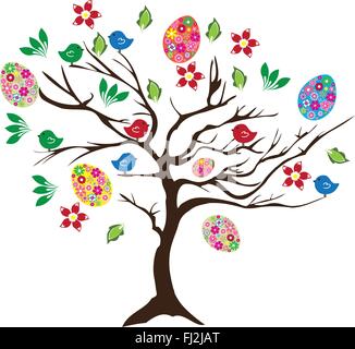 Vektor-Illustration eines Baumes Ostern mit Eiern, Vögel und Blumen Stock Vektor