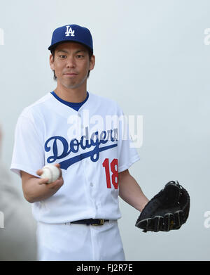 Glendale, Arizona, USA. 27. Februar 2016. Kenta Maeda (Schwindler) MLB: Los Angeles Dodgers Foto Day in Glendale, Arizona, Vereinigte Staaten von Amerika. © AFLO/Alamy Live-Nachrichten Stockfoto