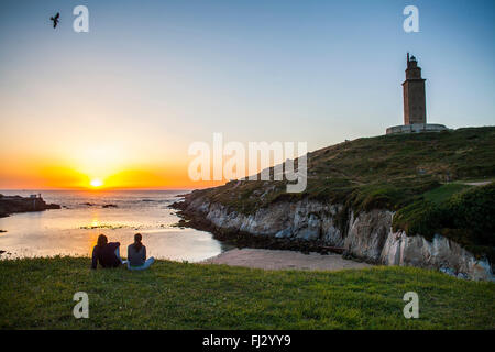 Turm des Herkules, römische Leuchtturm und Lapas Strand, Coruña Stadt, Galicien, Spanien Stockfoto