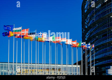Internationale Flaggen vor dem Europäischen Parlament, Straßburg, Elsass, Frankreich Europa Stockfoto