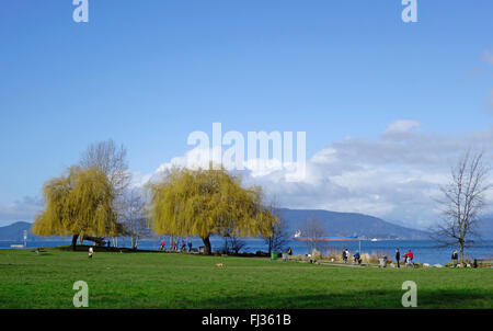 Blick auf den Park, Weiden, Meer und Berge im spanischen Banken Beach in Vancouver, BC, an einem Wintertag im Februar. Stockfoto